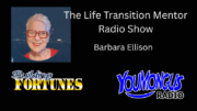 A professional headshot of Barbara Ellison, a smiling woman with short, dark hair, wearing a dark blazer against a neutral background. The image accompanies a post describing her as a Speaker, Author, Show Host, Certified Dream Coach, Life Transition Mentor, and Founder of Wellness Playroom, dedicated to helping mid to late career professionals find purpose and happiness in retirement. On Building Fortunes Radio with Peter Mingils